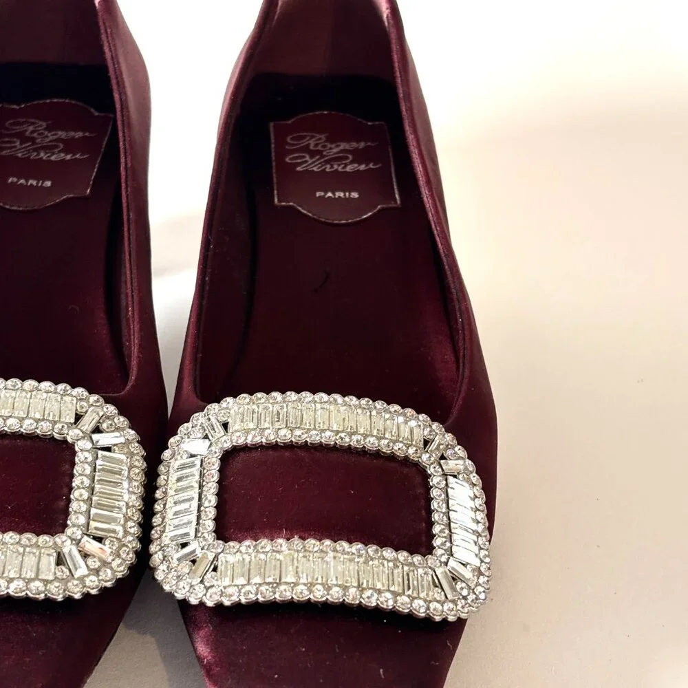 Vintage Roger Vivier Burgundy Satin Buckle Heels Crystal Pumps
